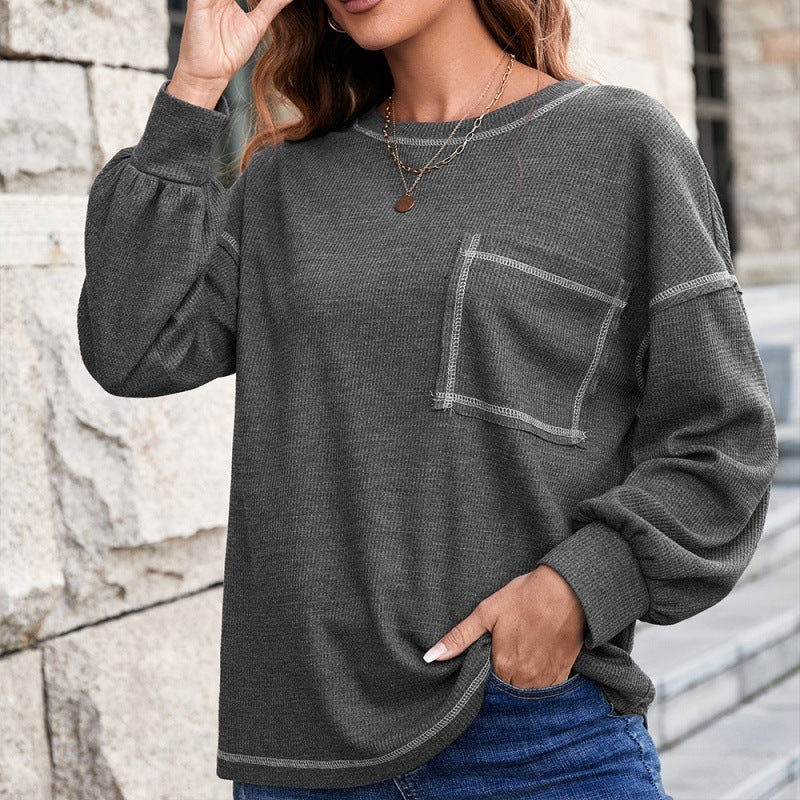 Casual Hit Color Round Neck Pullover Long Sleeve T-shirt