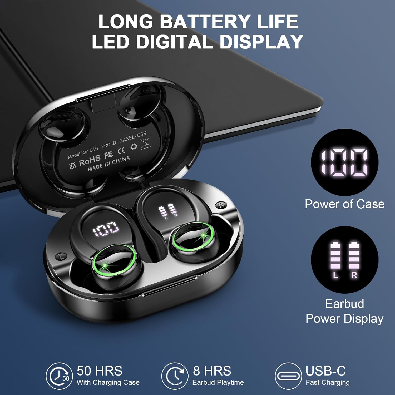 Ultimate Wireless Earbuds: Bluetooth 5.3, Noise Cancelling Mic, Bass Stereo, 50Hrs Playtime, LED Display, IP7 Waterproof, Earhooks - Perfect for Sports/Workout/Running