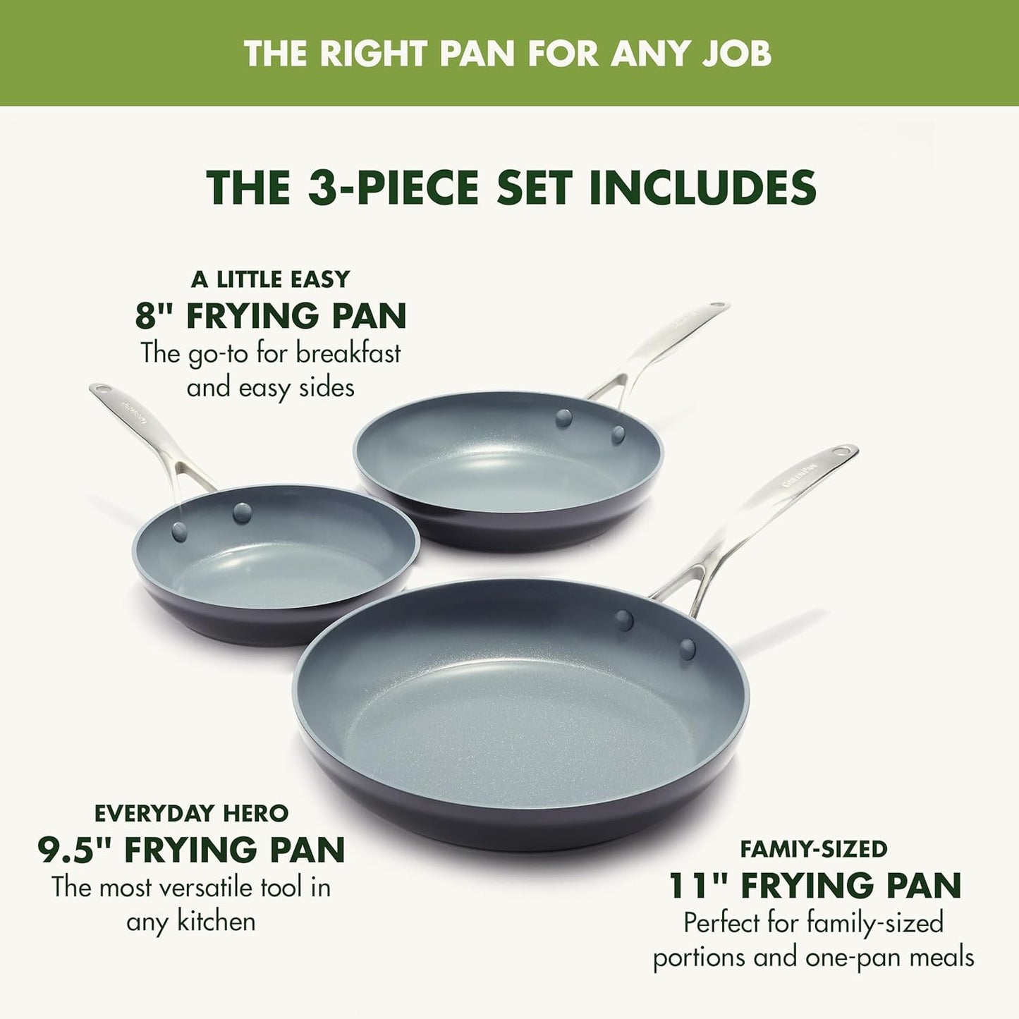 Valencia Pro Hard Anodized Healthy Ceramic Nonstick 8" 9.5" and 11" Frying Pan Skillet Set, Pfas-Free, Induction, Dishwasher Safe, Ovens Safe, Gray