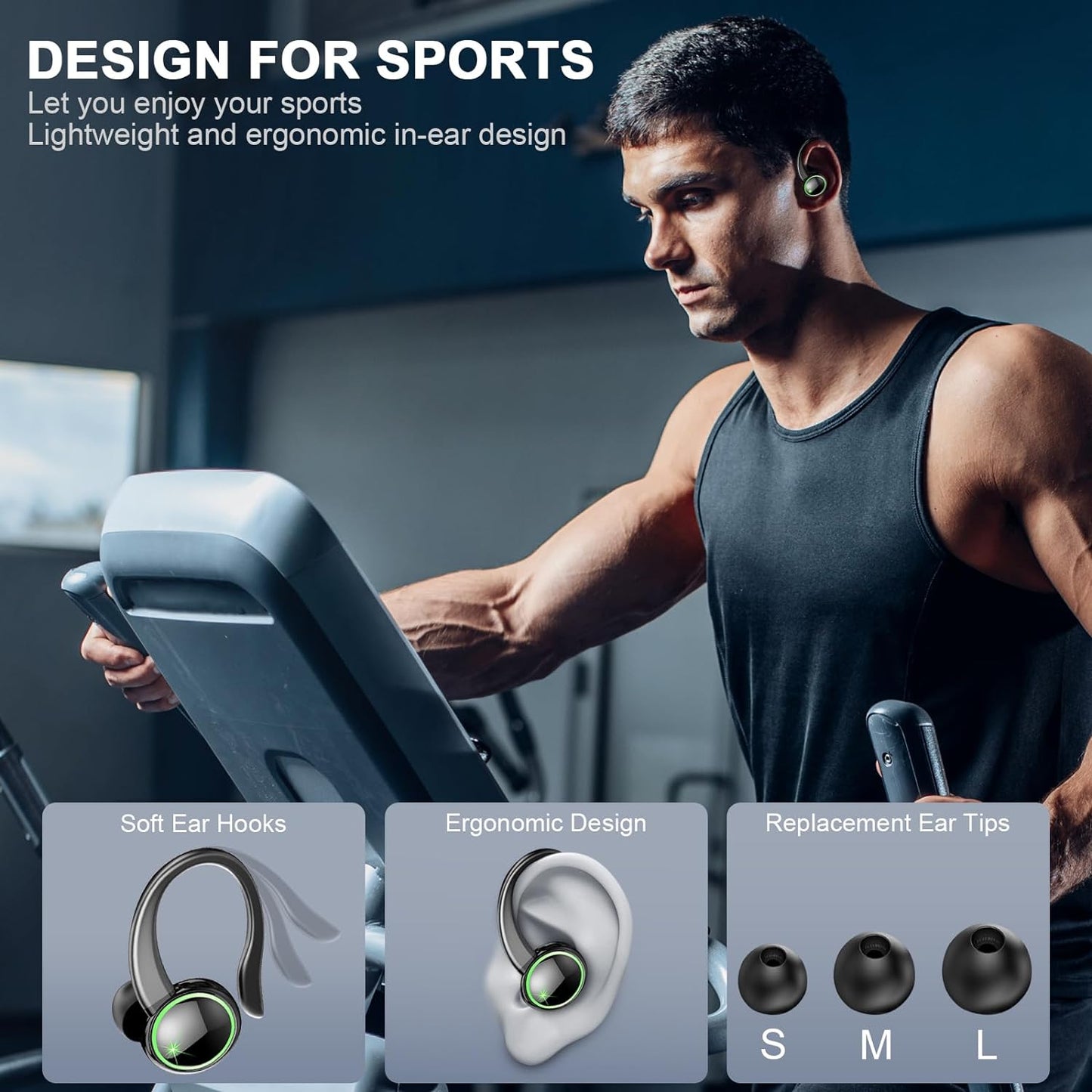 Ultimate Wireless Earbuds: Bluetooth 5.3, Noise Cancelling Mic, Bass Stereo, 50Hrs Playtime, LED Display, IP7 Waterproof, Earhooks - Perfect for Sports/Workout/Running