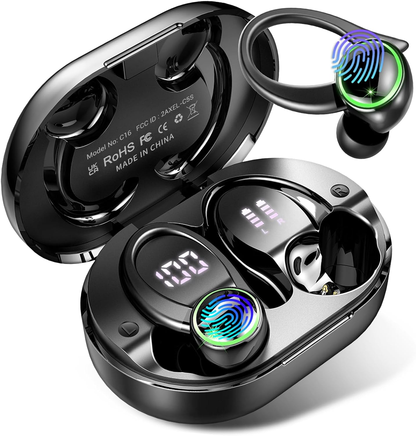 Ultimate Wireless Earbuds: Bluetooth 5.3, Noise Cancelling Mic, Bass Stereo, 50Hrs Playtime, LED Display, IP7 Waterproof, Earhooks - Perfect for Sports/Workout/Running