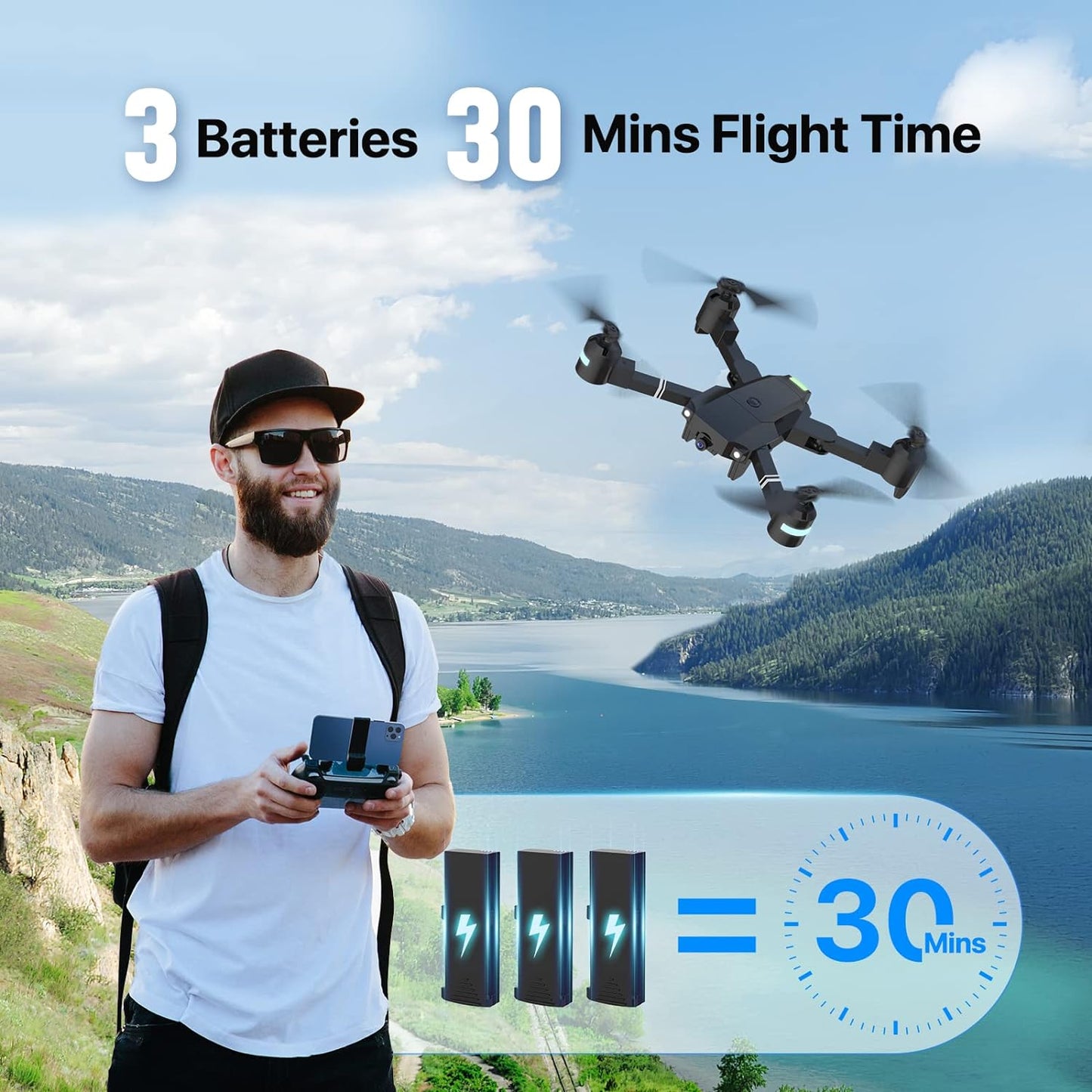 Drone with Camera for Adults Kids, Foldable 1080P FPV 120°FOV Drone W/3 Batteries 30 Mins Flight Time, Drone for Kids 8-12 W/Carrying Case, VR Mode, Voice Gesture Control, 1-Key Return, 3D Flip