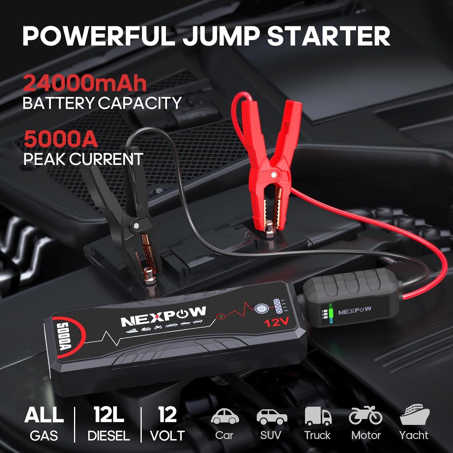 Car Jump Starter,Car Battery Jump Starter Pack 5000A Peak Q12 for All Gas and up To10.0L Diesel Engine 12V Auto Battery Booster,Jumper Cables,Portable Lithium Jump Box with LED Light/Usb QC3.0