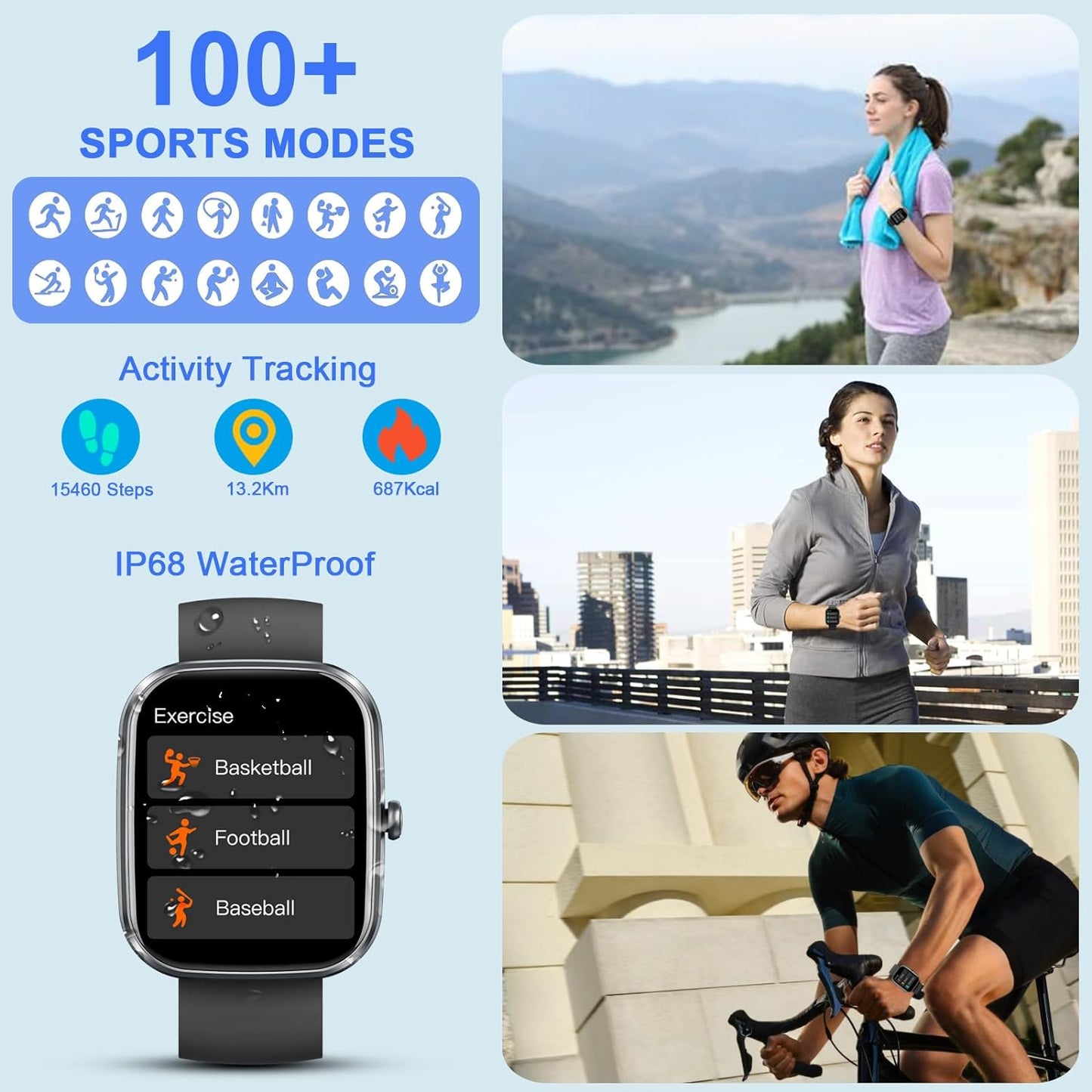 Smart Watch, 1.91"Smartwatch for Men Women (Answer/Make Call), Fitness Tracker with 100+ Sport Modes, IP68 Waterproof, Heart Rate/Sleep Monitor, Spo2, Pedometer, Activity Tracker for Android Ios