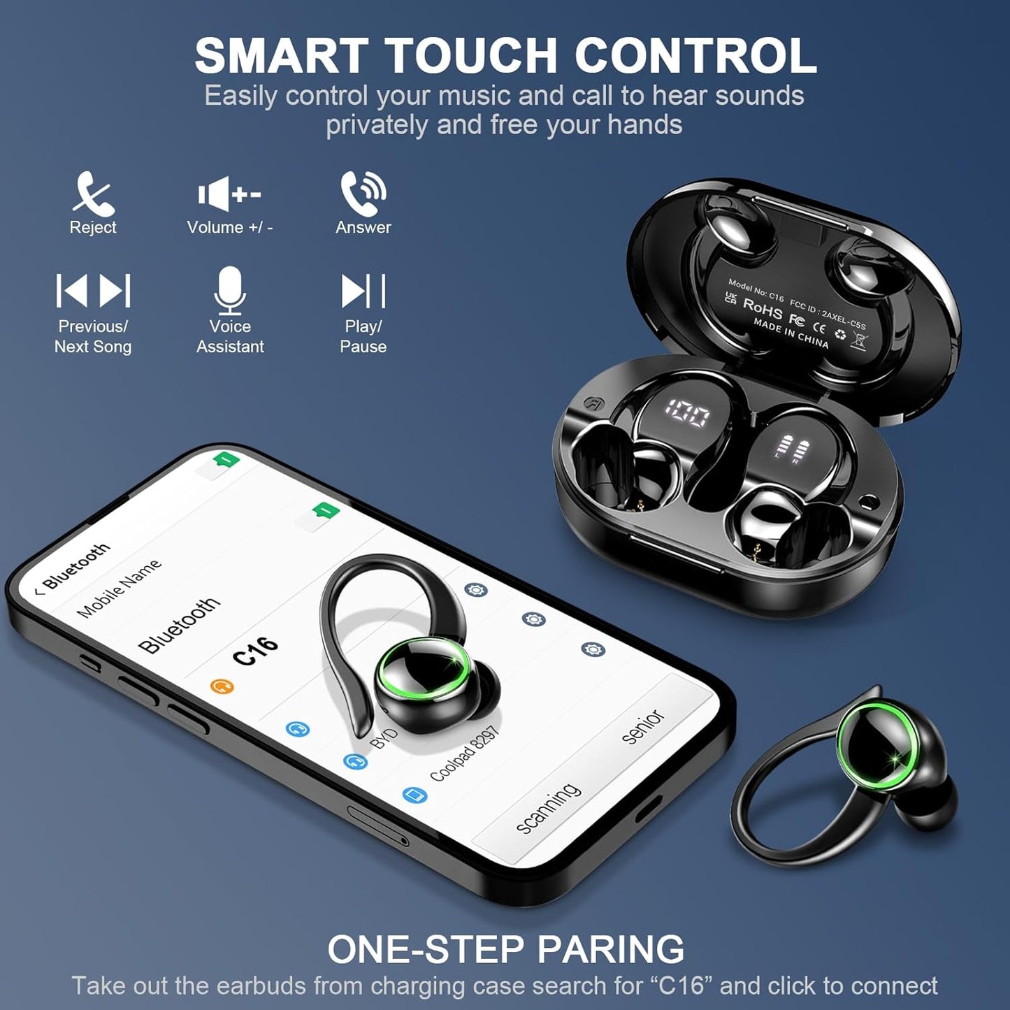 Ultimate Wireless Earbuds: Bluetooth 5.3, Noise Cancelling Mic, Bass Stereo, 50Hrs Playtime, LED Display, IP7 Waterproof, Earhooks - Perfect for Sports/Workout/Running