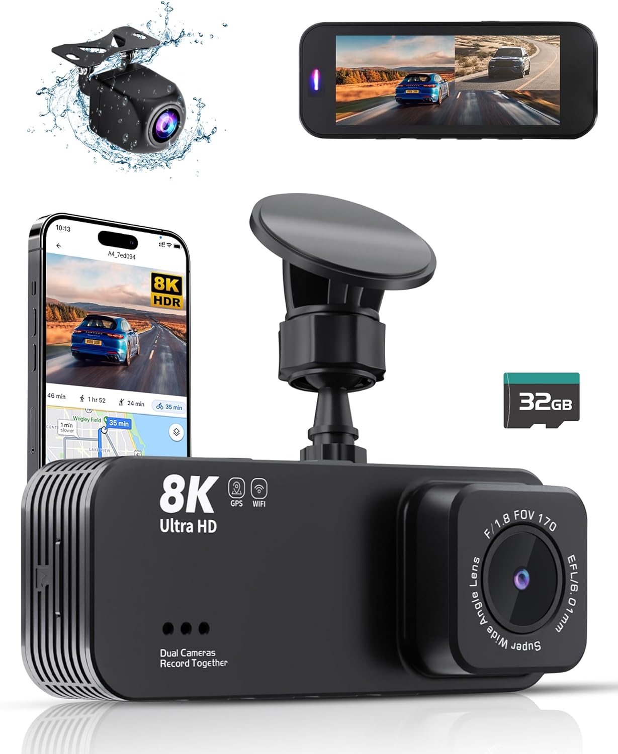 Dash Cam Front and Rear, 8K Ultra HD Dash Camera for Cars, Dash Cam with App,Car Camera with 32GB Card, Built-In Wi-Fi & GPS, 3.16”IPS Screen, WDR, 170°Wide Angle, 24H Parking Mode