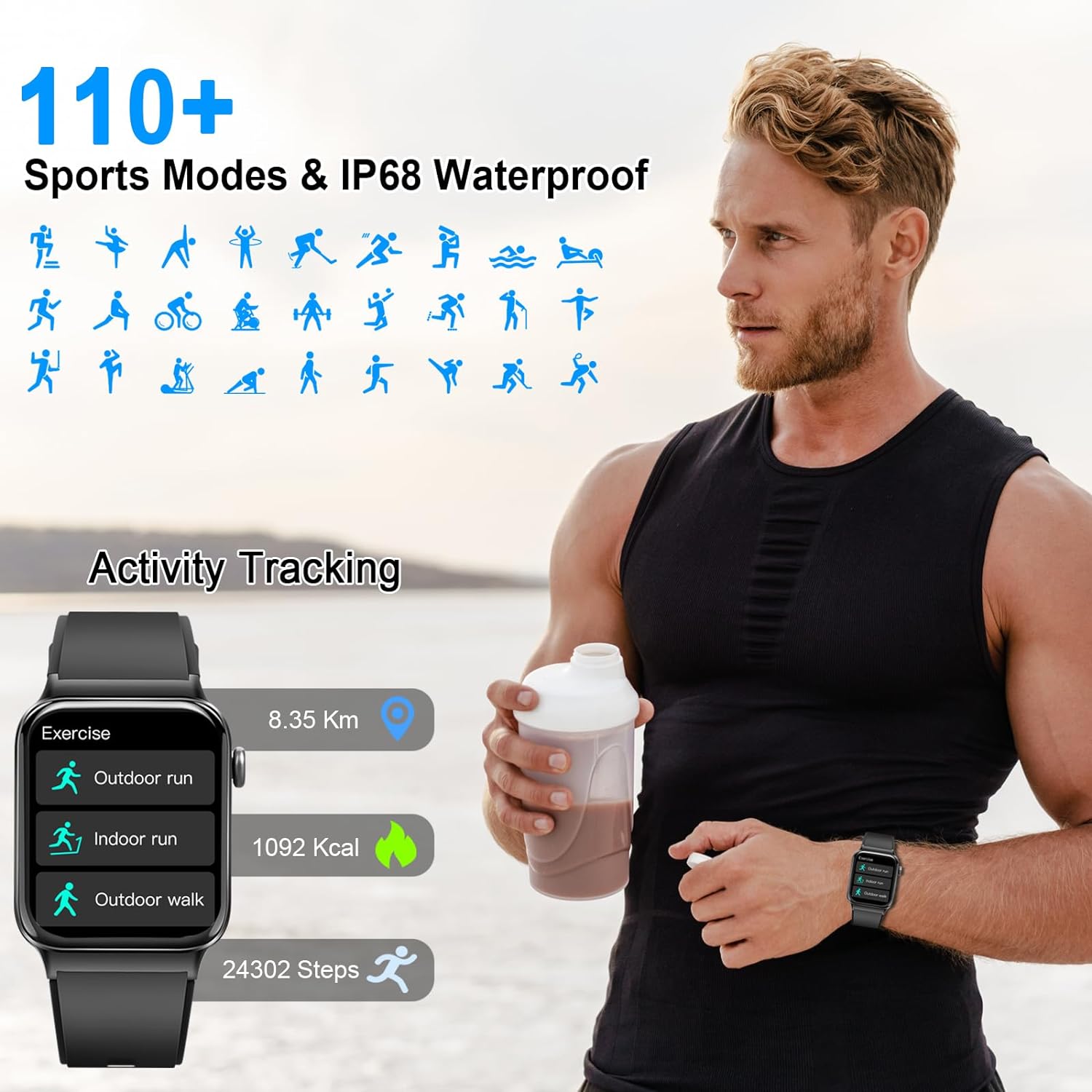 Smart Watch for Men Women, 1.85" Smartwatch (Answer/Make Call), IP68 Waterproof Fitness Tracker, 100+ Sport Modes, Heart Rate and Sleep Monitor, Pedometer, Smartwatches for Android Ios, Deep Black​