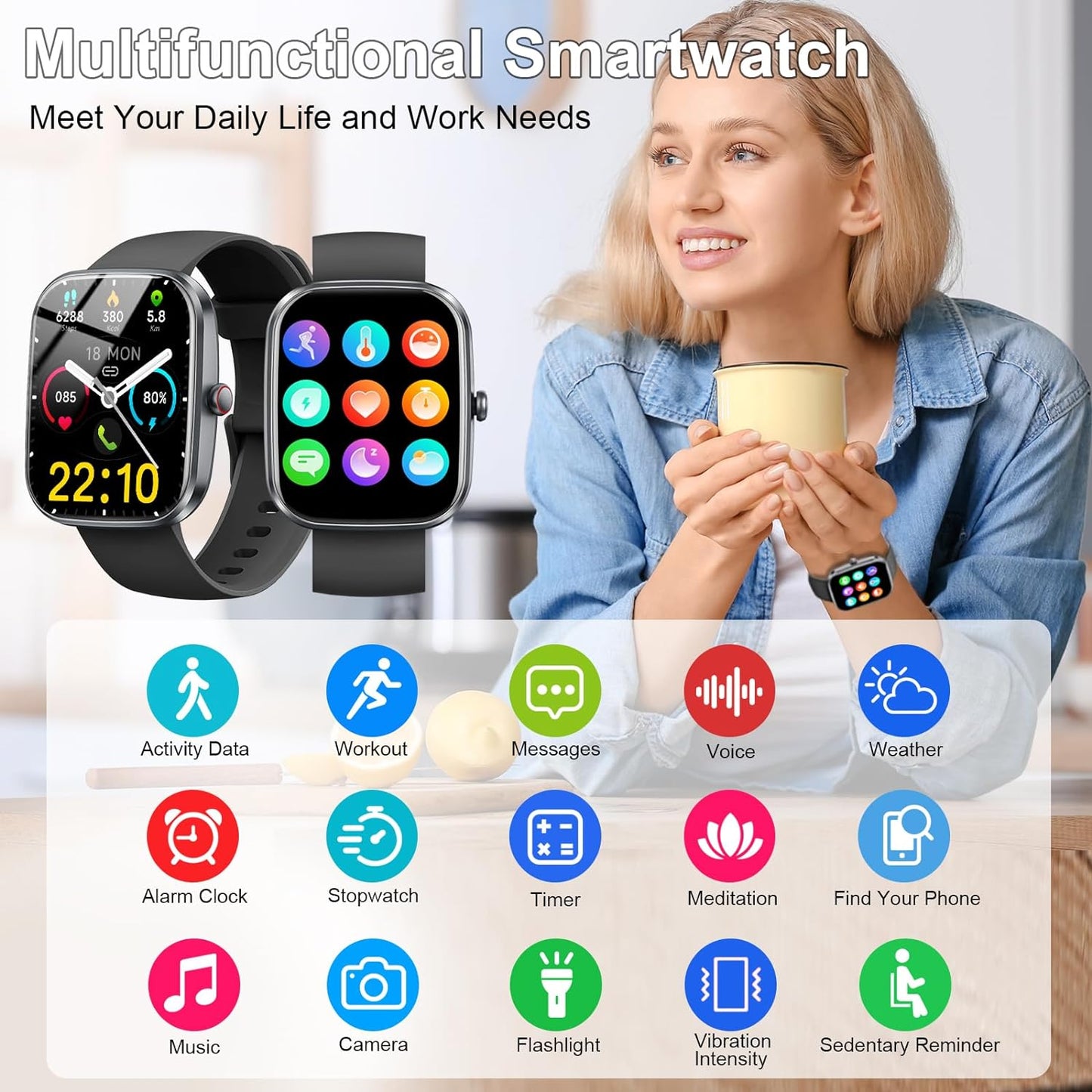 Smart Watch, 1.91"Smartwatch for Men Women (Answer/Make Call), Fitness Tracker with 100+ Sport Modes, IP68 Waterproof, Heart Rate/Sleep Monitor, Spo2, Pedometer, Activity Tracker for Android Ios