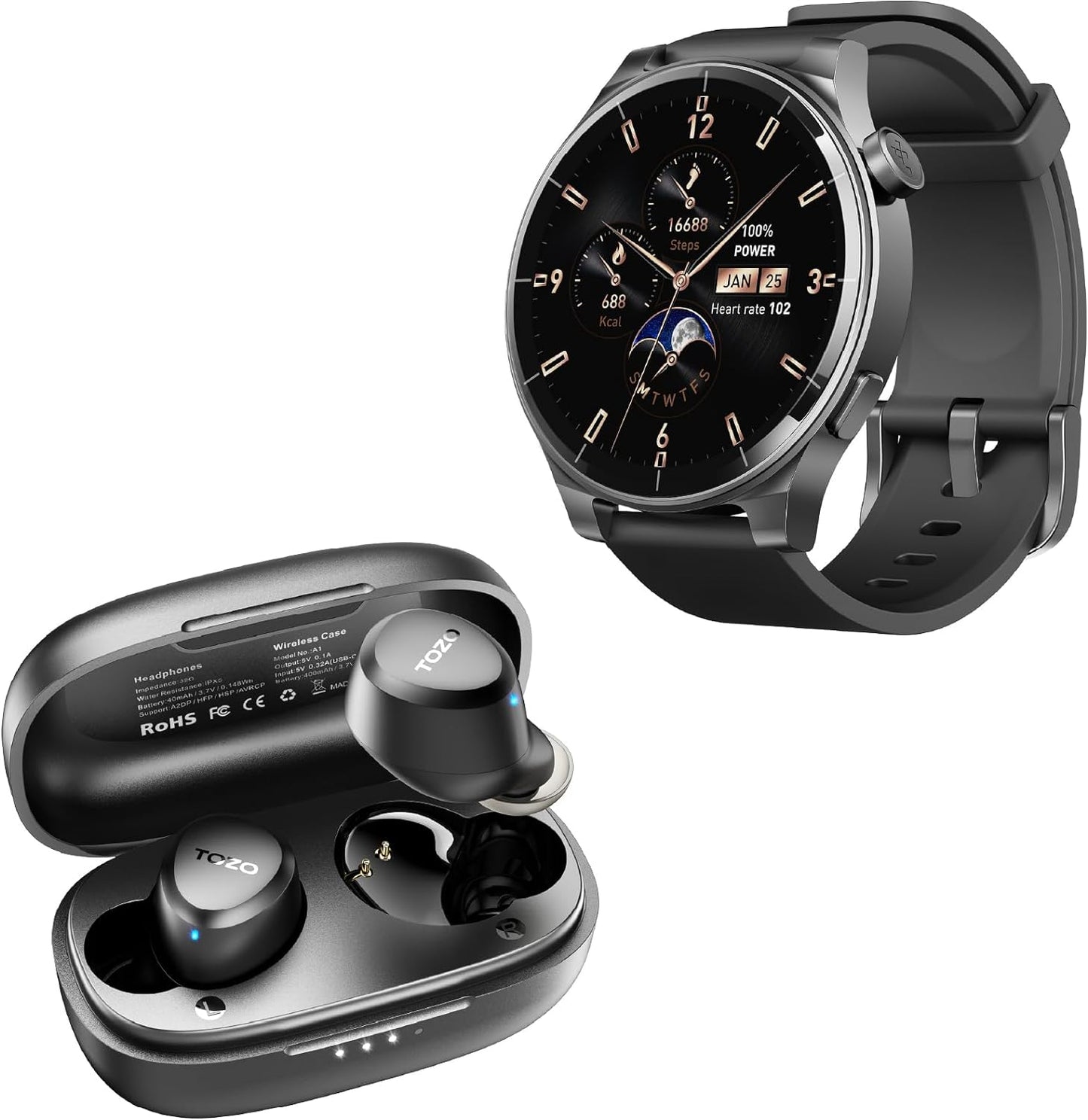 S5 Smartwatch (Answer/Make Calls) Sport Mode Fitness Watch, Black + A1 Wireless Bluetooth In-Ear Headphones Black