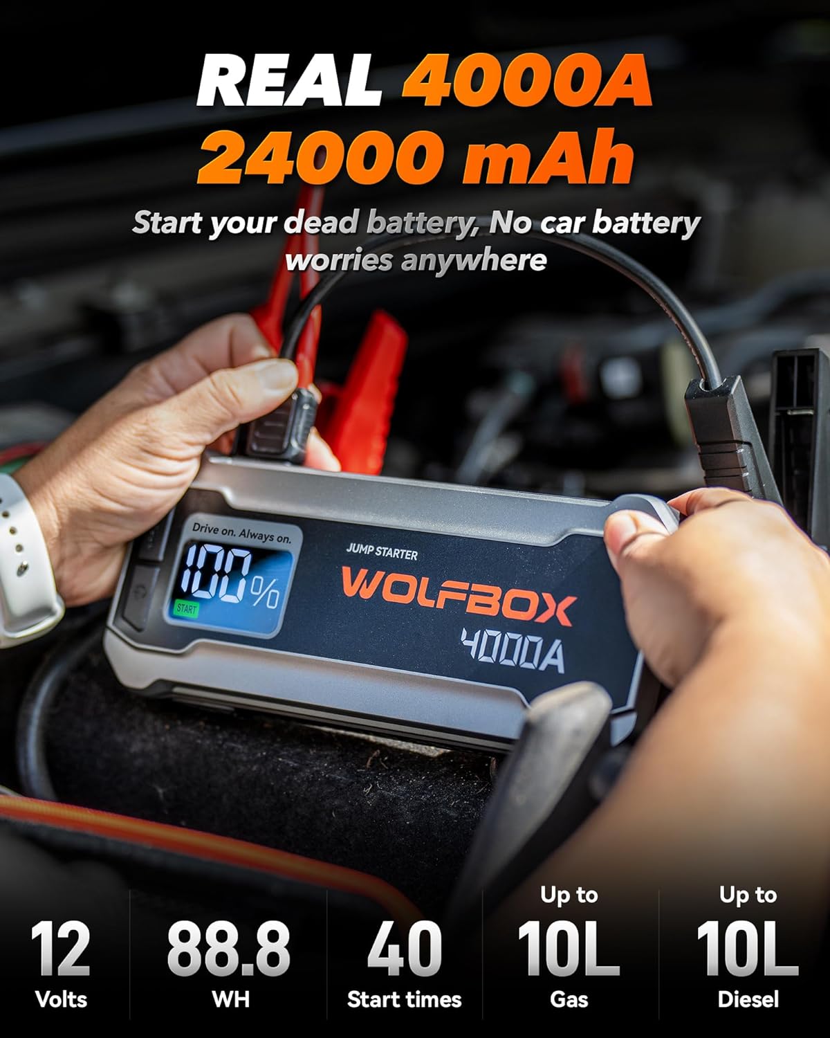 4000A Jump Starter,12V Car Battery Jump Starter with 65W Quick Charger,Led Display,24000Mah Portable Jump Starter Battery Pack(10L Gas 10L Diesel Engine) with Booster,Led Light,Jumper Cables