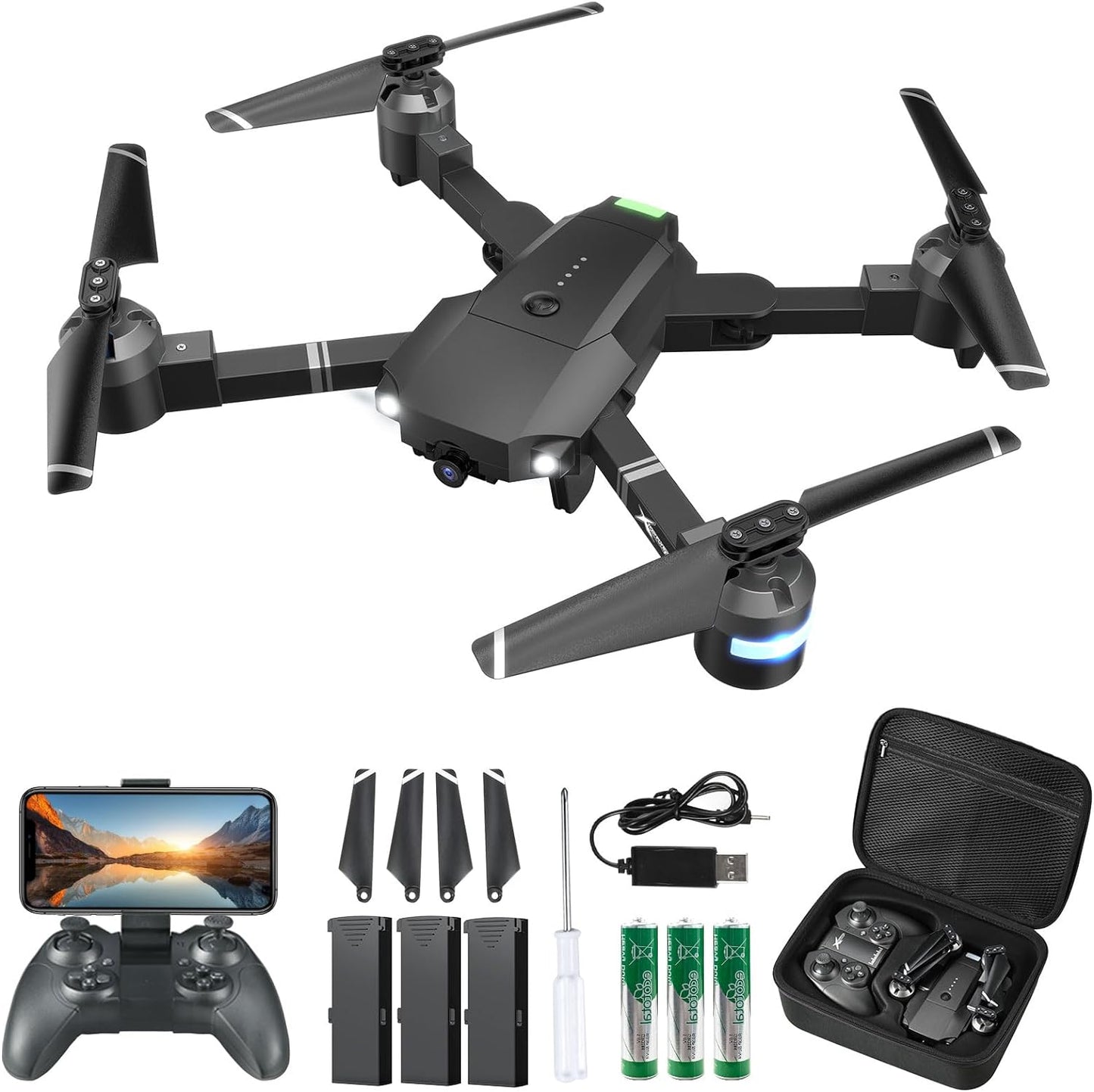 Drone with Camera for Adults Kids, Foldable 1080P FPV 120°FOV Drone W/3 Batteries 30 Mins Flight Time, Drone for Kids 8-12 W/Carrying Case, VR Mode, Voice Gesture Control, 1-Key Return, 3D Flip