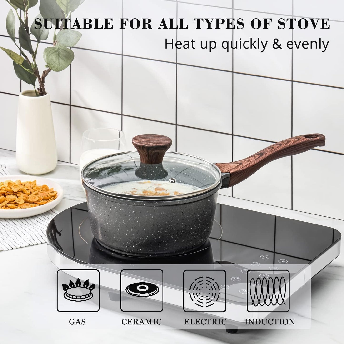 Nonstick Sauce Pan with Lid, 1.5QT Small Pot with Swiss Granite Coating, Stay-Cool Handle, Multipurpose Handy Small Saucepan, Induction Capable, PFOA Free