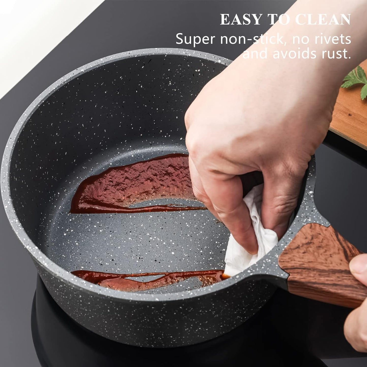 Nonstick Sauce Pan with Lid, 1.5QT Small Pot with Swiss Granite Coating, Stay-Cool Handle, Multipurpose Handy Small Saucepan, Induction Capable, PFOA Free