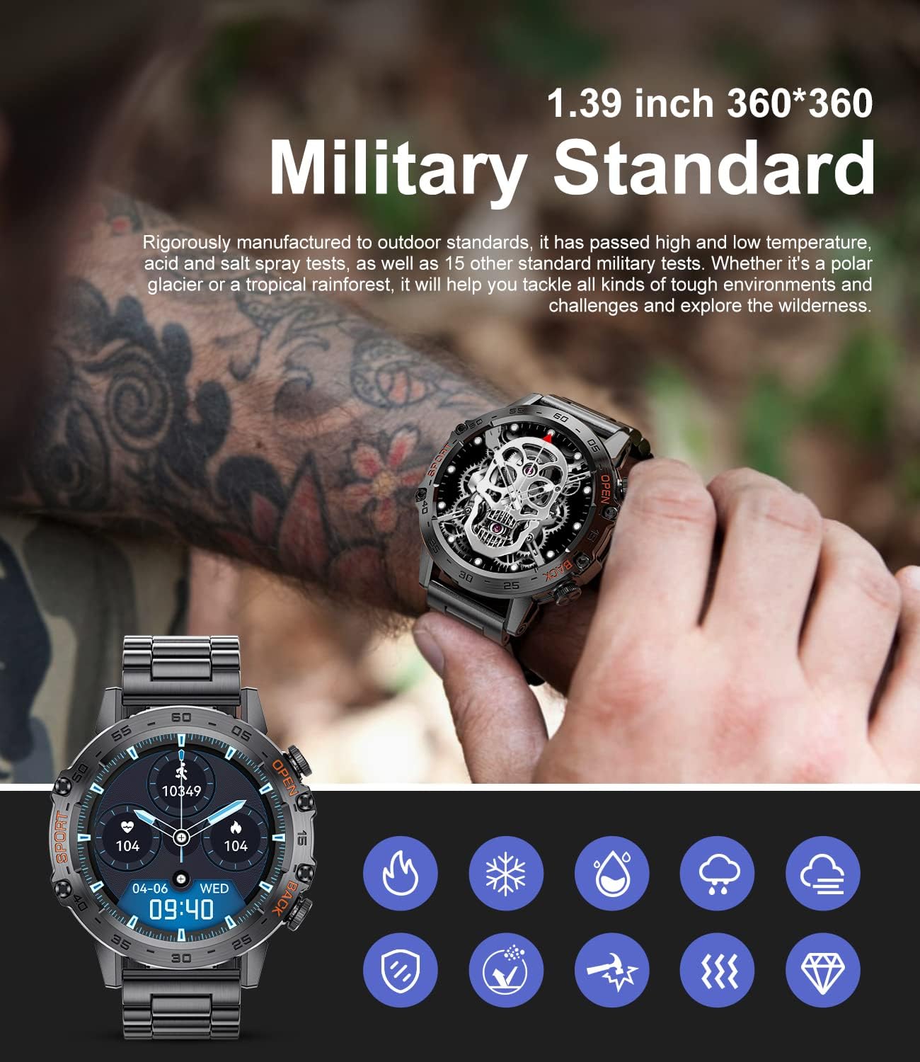 Military Smart Watch for Men(Answer/Dial Calls),100 Sports Modes, 5ATM Waterproof Fitness Watch with Heart Rate/Spo2/Blood Pressure for Android and Ios,1.39''Hd DIY Screen Smart Watch