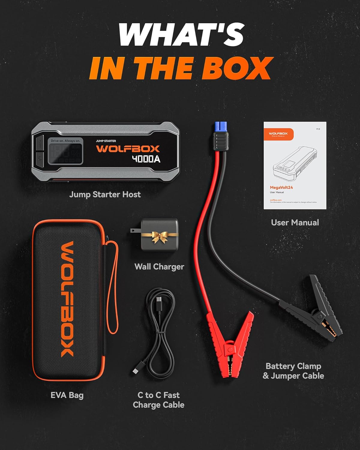 4000A Jump Starter,12V Car Battery Jump Starter with 65W Quick Charger,Led Display,24000Mah Portable Jump Starter Battery Pack(10L Gas 10L Diesel Engine) with Booster,Led Light,Jumper Cables