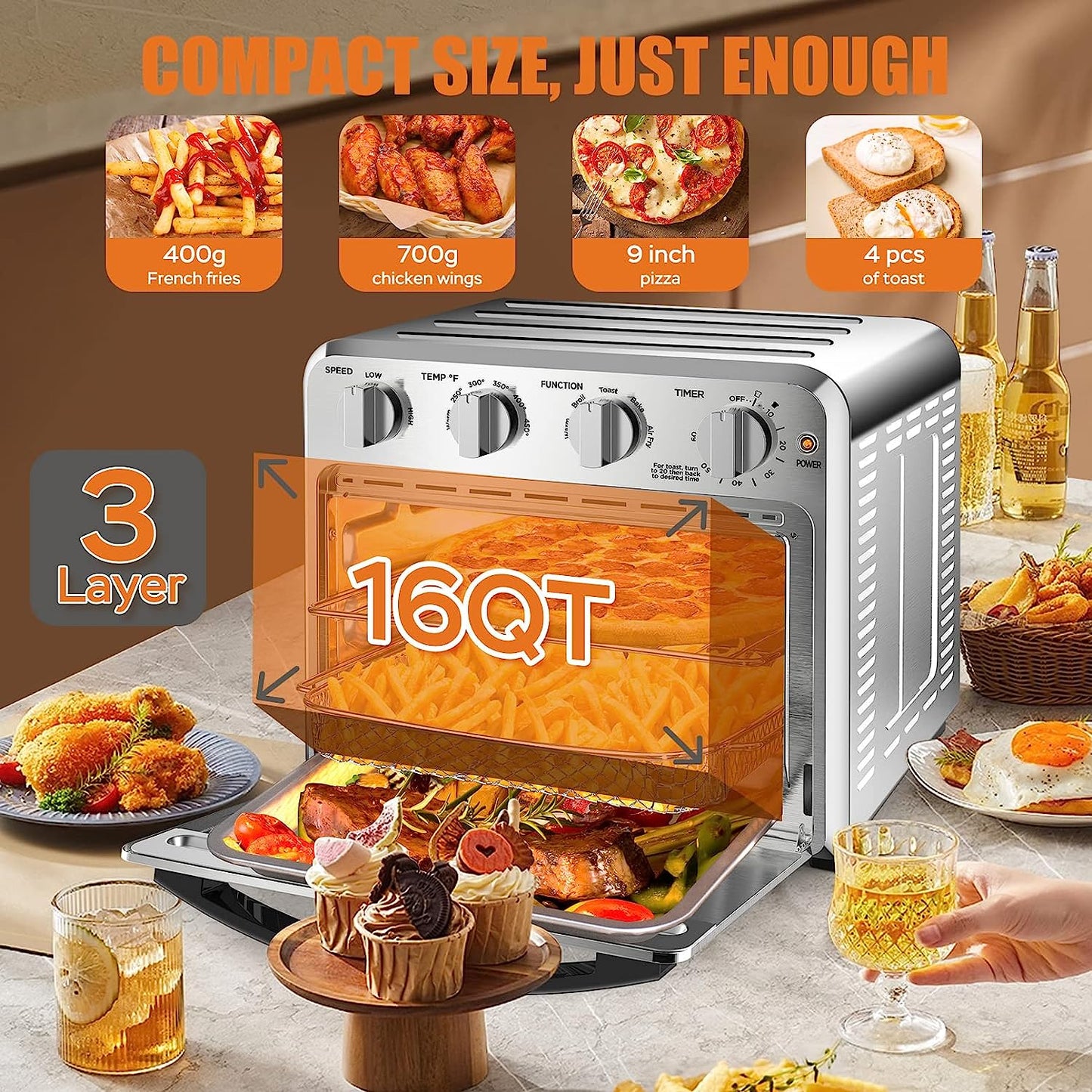 Air Fryer,  Convection Air Fryer Toaster Oven, 4 Slice Toaster Airfryer Countertop Oven, Electric Hot Oven Oilless Cooker, Accessories & E-Recipes Included, ETL Listed, 16QT