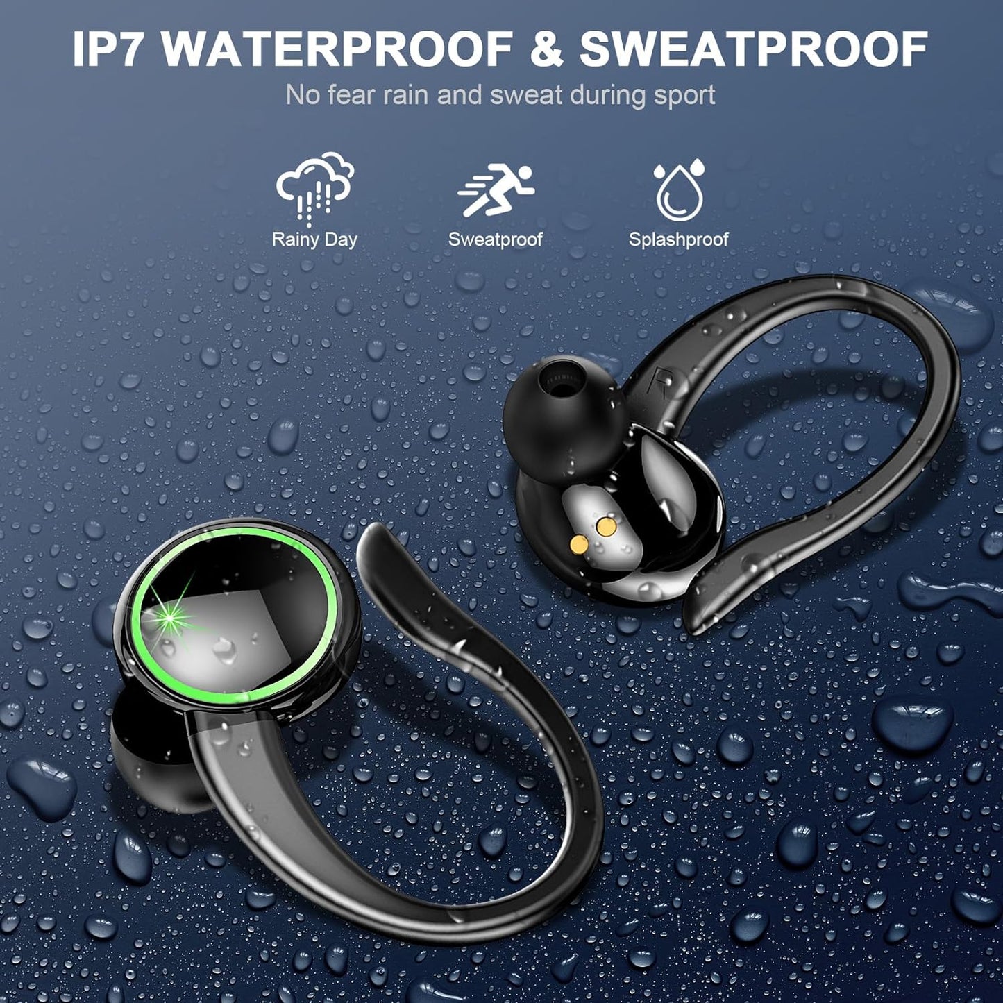 Ultimate Wireless Earbuds: Bluetooth 5.3, Noise Cancelling Mic, Bass Stereo, 50Hrs Playtime, LED Display, IP7 Waterproof, Earhooks - Perfect for Sports/Workout/Running