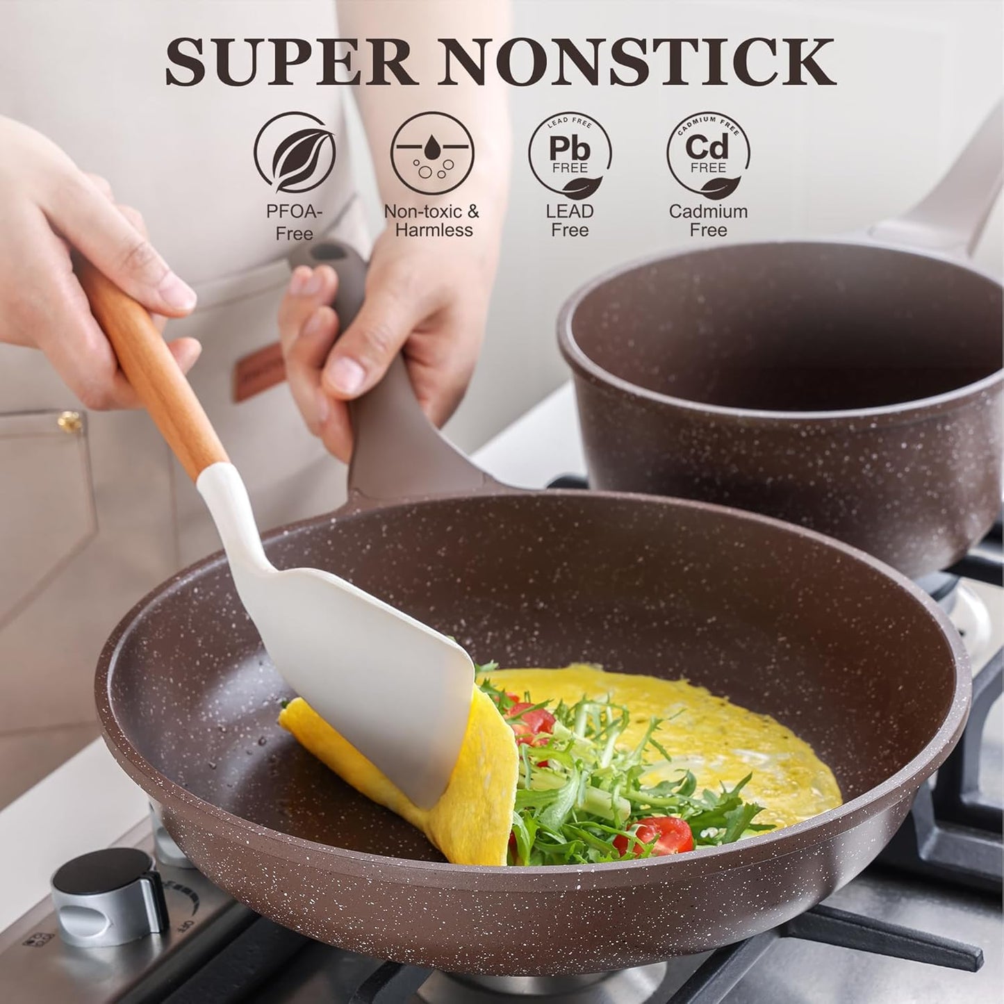 Nonstick Classic Granite Cookware Set 13-Piece, Healthy Pots and Pans Set, Non-Toxic Kitchen Cooking Set with Stay-Cool Handles, Silicone Tools and Pot Protectors, PFOS and PFOA Free