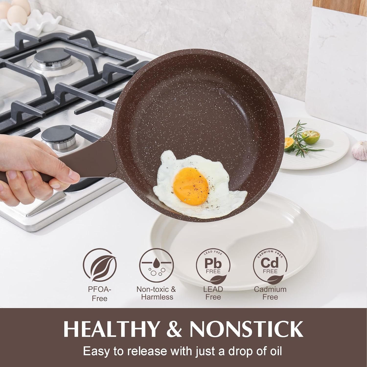 Nonstick Frying Pan Skillet, Granite Coating Omelette Pan, Healthy Stone Cookware Chef'S Pan PFOA Free, Toffee Brown (8 Inch)