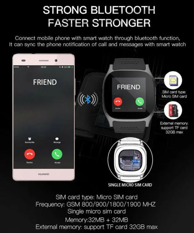 T8 Bluetooth Smart Watch with Camera Phone Mate SIM Card Pedometer Life Waterproof for Android Ios Smartwatch Android Smartwatch #010