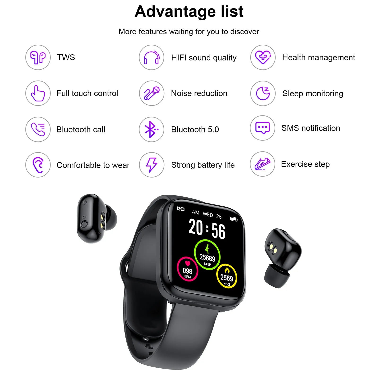 Newest 2 in 1 Smart Watch with Earbuds Wireless TWS Earphone X5 Headphone Heart Rate Monitor Full Touch Screen Music Fitness Smartwatch